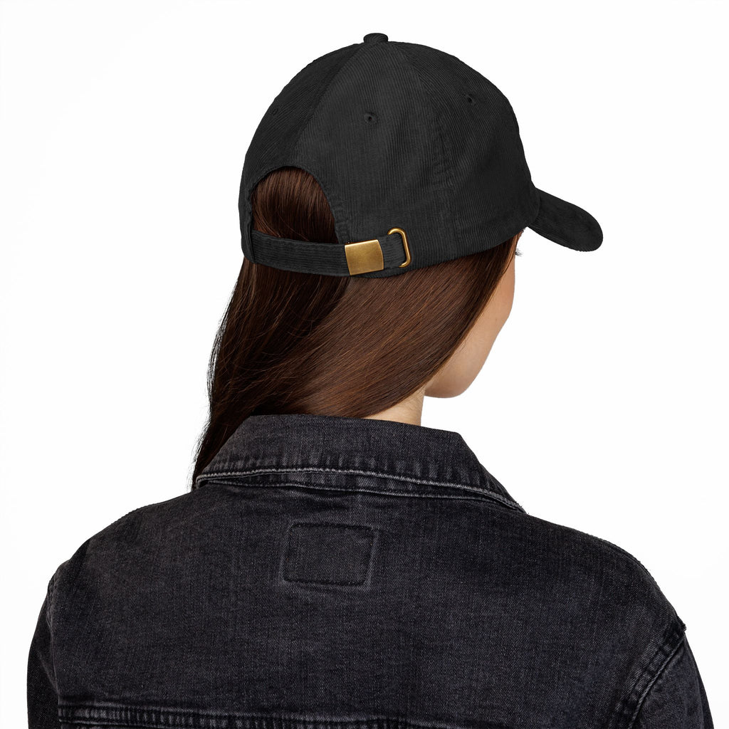 Blue hand holding orange planet embroidered corduroy cap, Dooky Squad