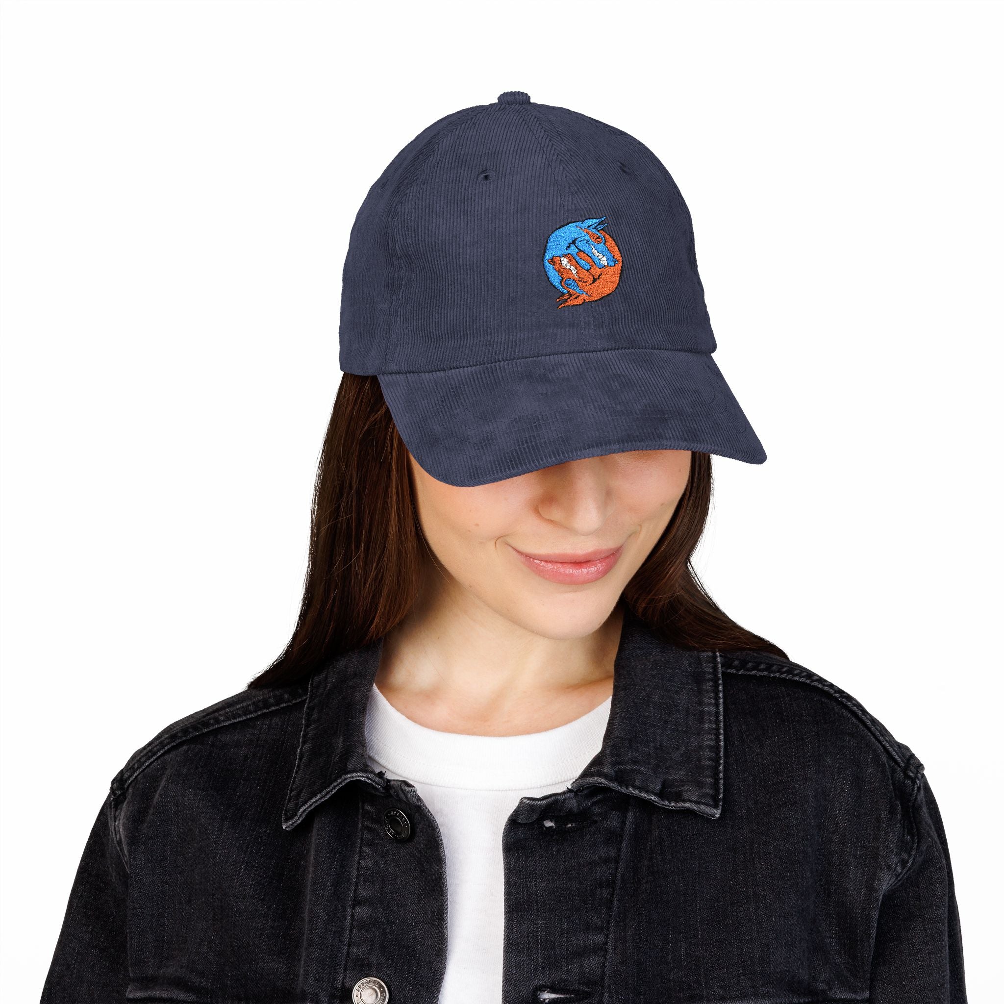 Blue hand holding orange planet embroidered corduroy cap, Dooky Squad