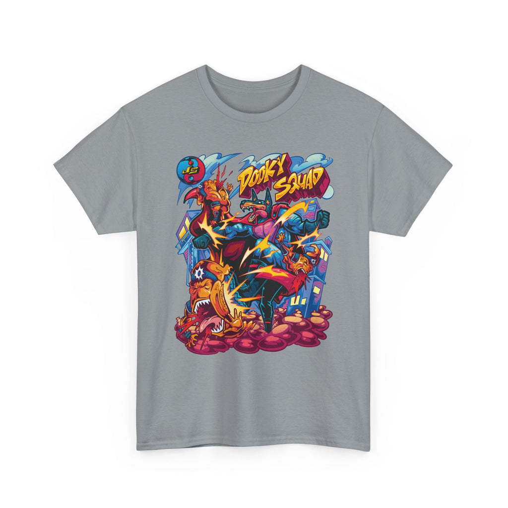 Dooky Squad graffiti characters tee, colorful street-art yin yang back