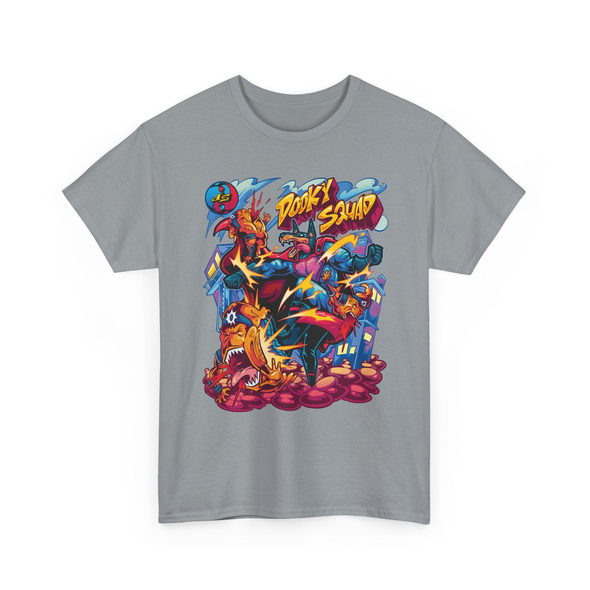 Dooky Squad graffiti characters tee, colorful street-art yin yang back