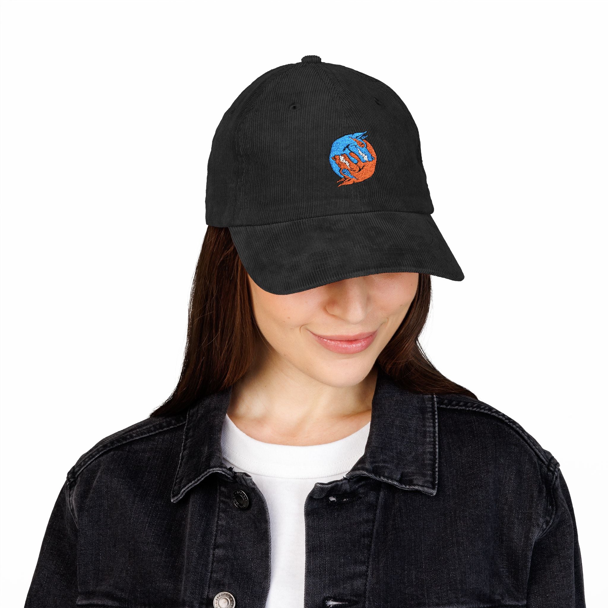 Blue hand holding orange planet embroidered corduroy cap, Dooky Squad