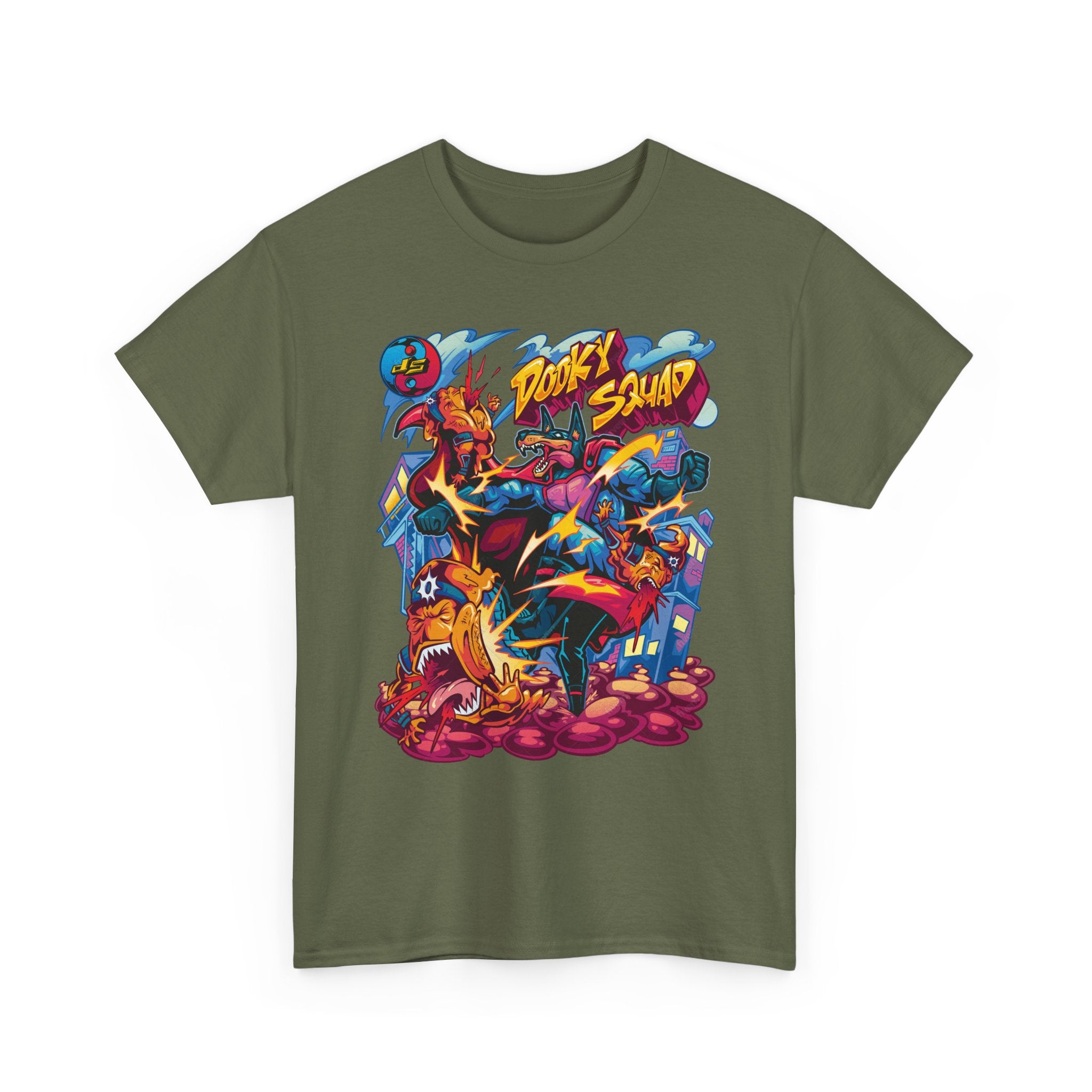 Dooky Squad graffiti characters tee, colorful street-art yin yang back