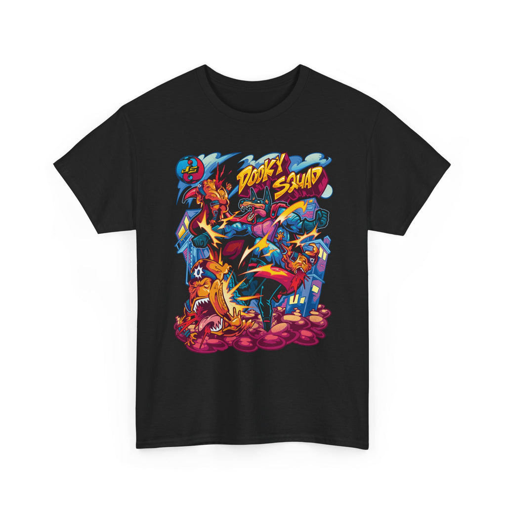 Dooky Squad graffiti characters tee, colorful street-art yin yang back