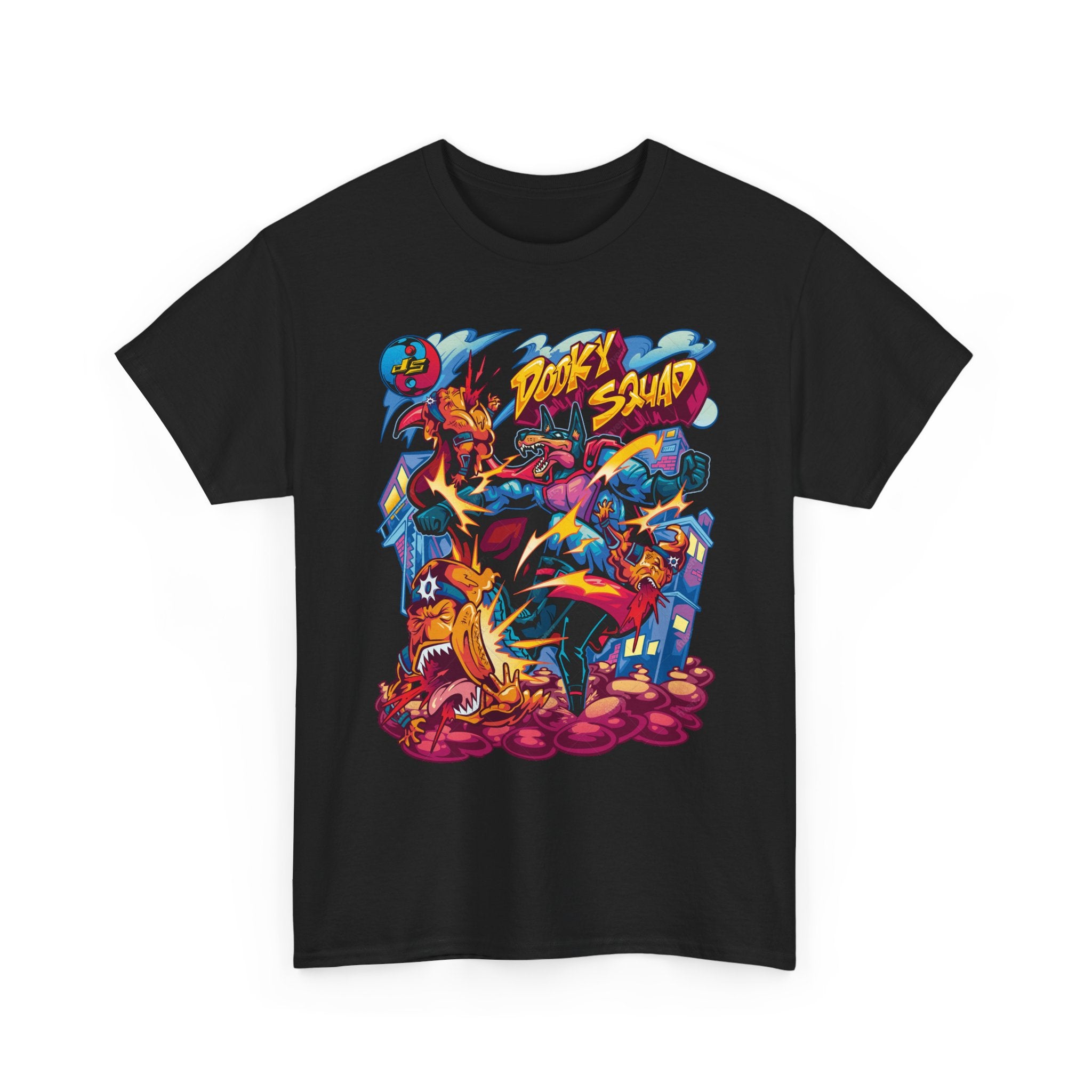 Dooky Squad graffiti characters tee, colorful street-art yin yang back