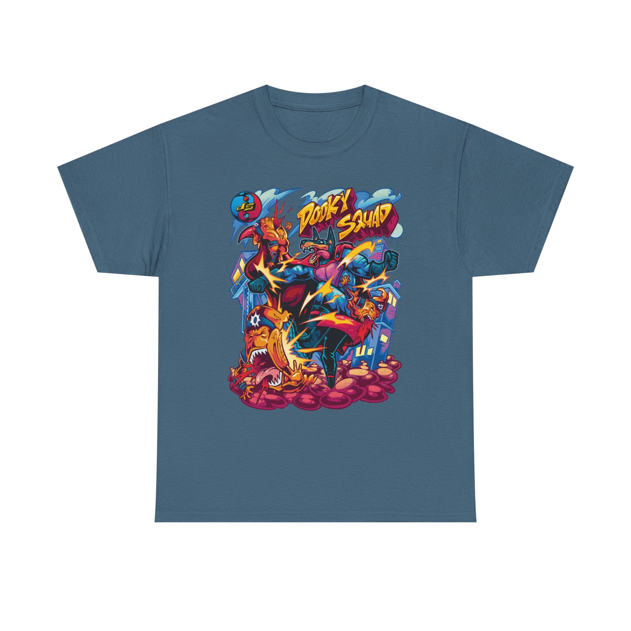 Dooky Squad graffiti characters tee, colorful street-art yin yang back