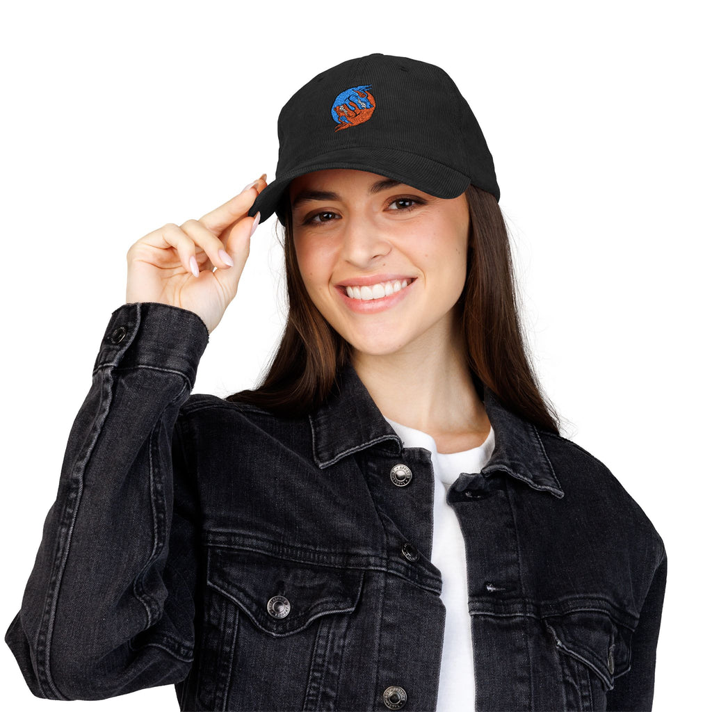 Blue hand holding orange planet embroidered corduroy cap, Dooky Squad