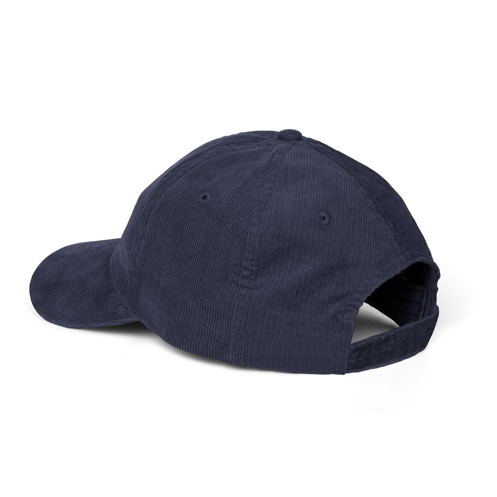 Blue hand holding orange planet embroidered corduroy cap, Dooky Squad