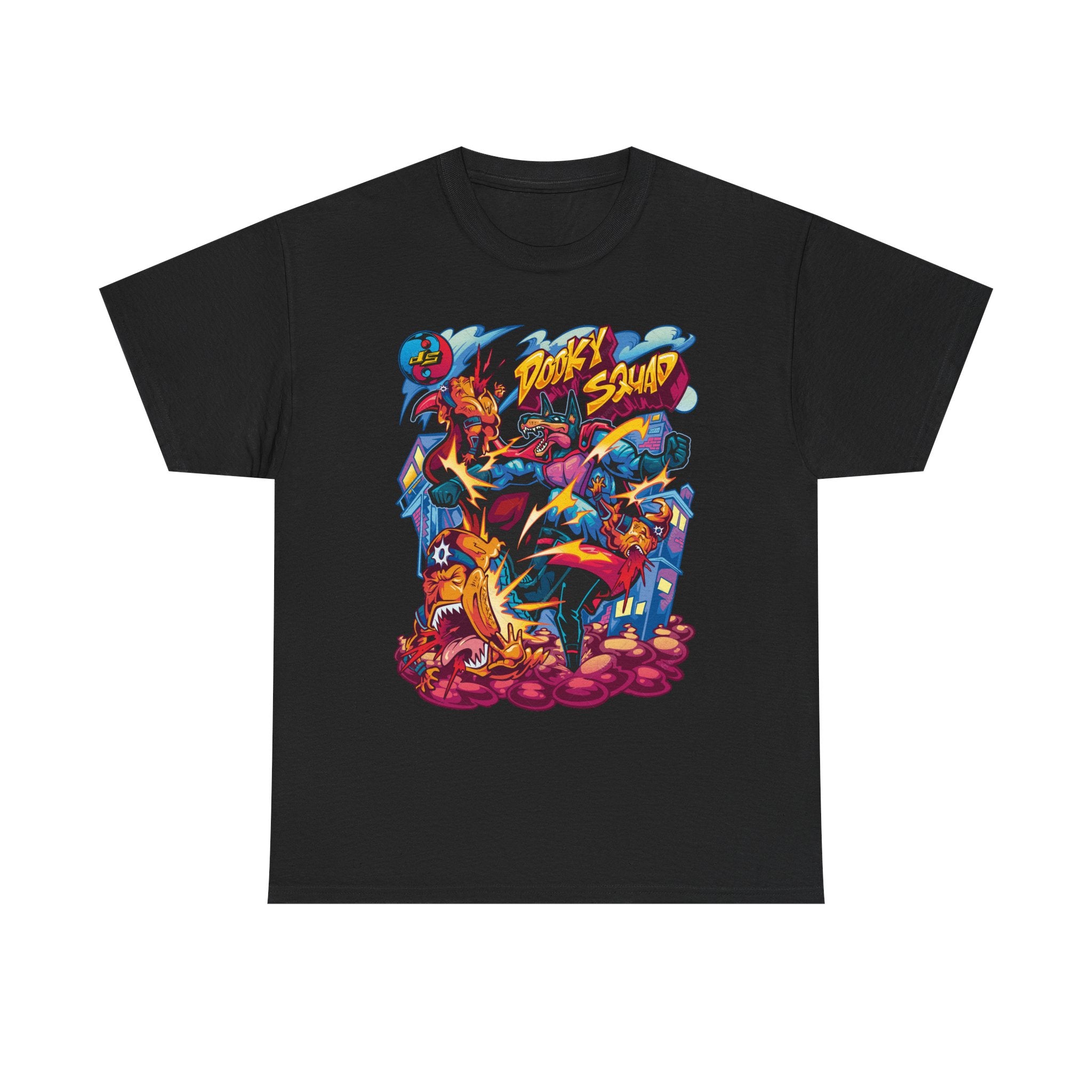 Dooky Squad graffiti characters tee, colorful street-art yin yang back