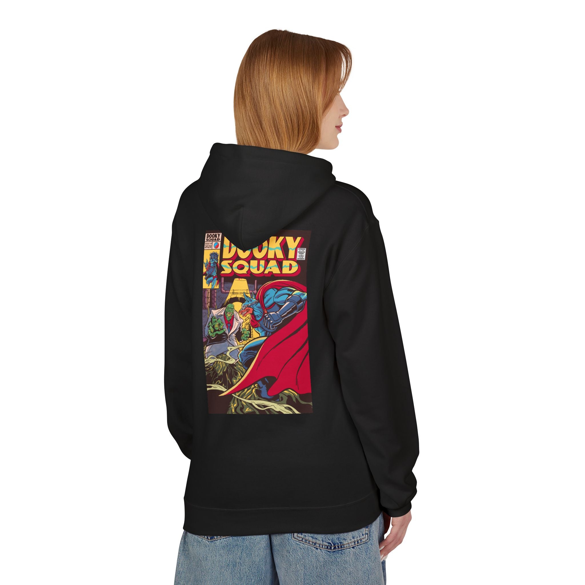 Dooky Squad comic cover hoodie with superhero graphic back print
