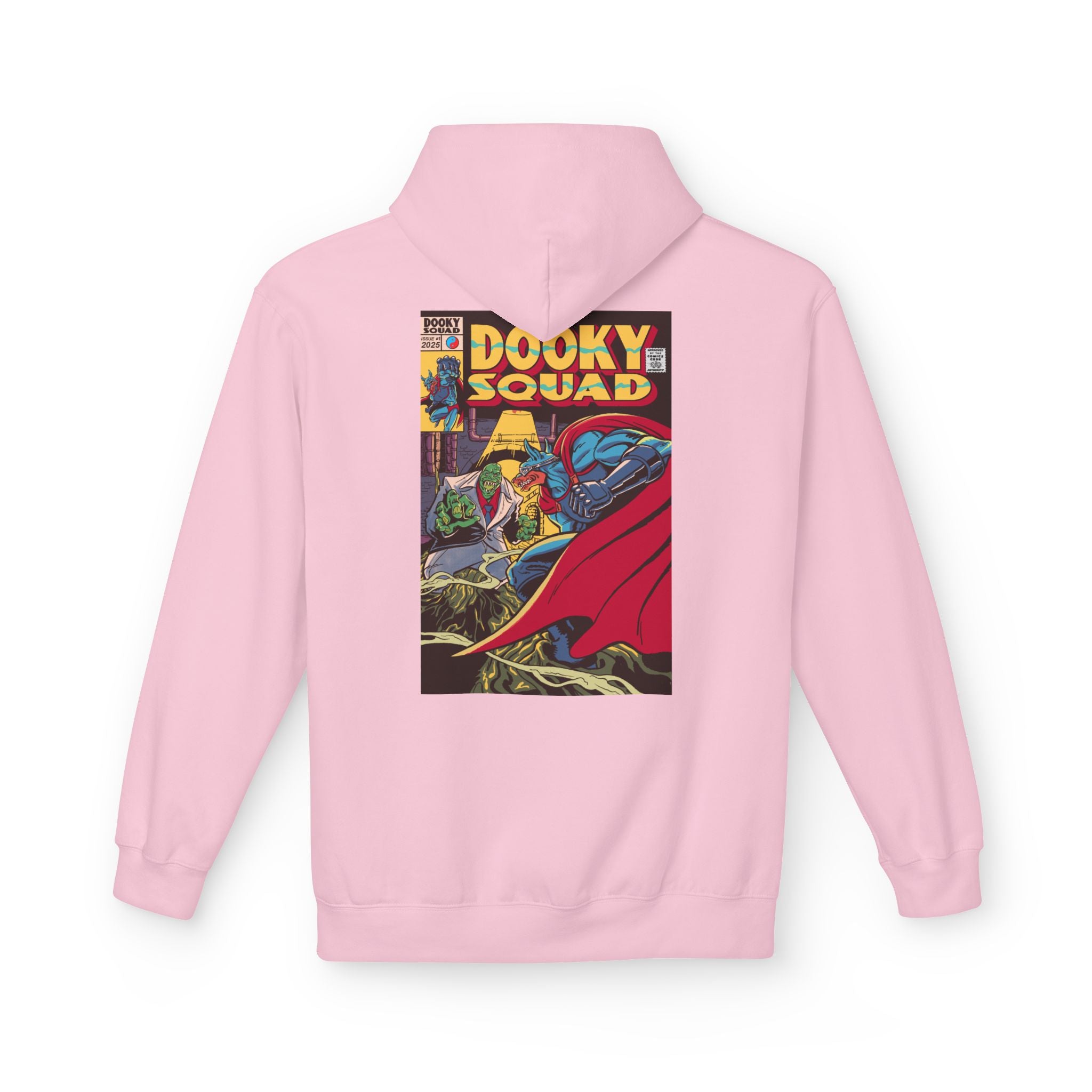 Dooky Squad comic cover hoodie with superhero graphic back print