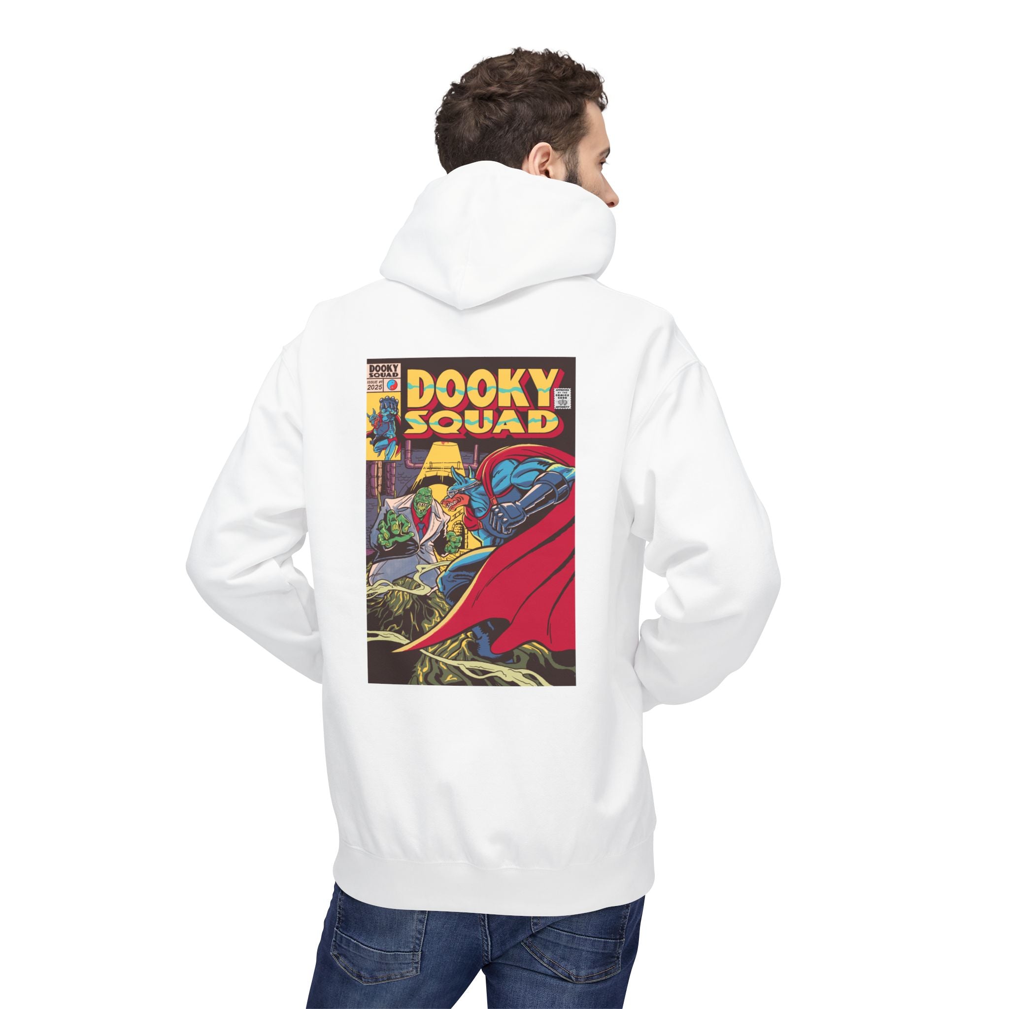 Dooky Squad comic cover hoodie with superhero graphic back print