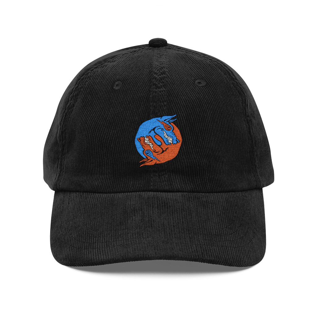 Blue hand holding orange planet embroidered corduroy cap, Dooky Squad