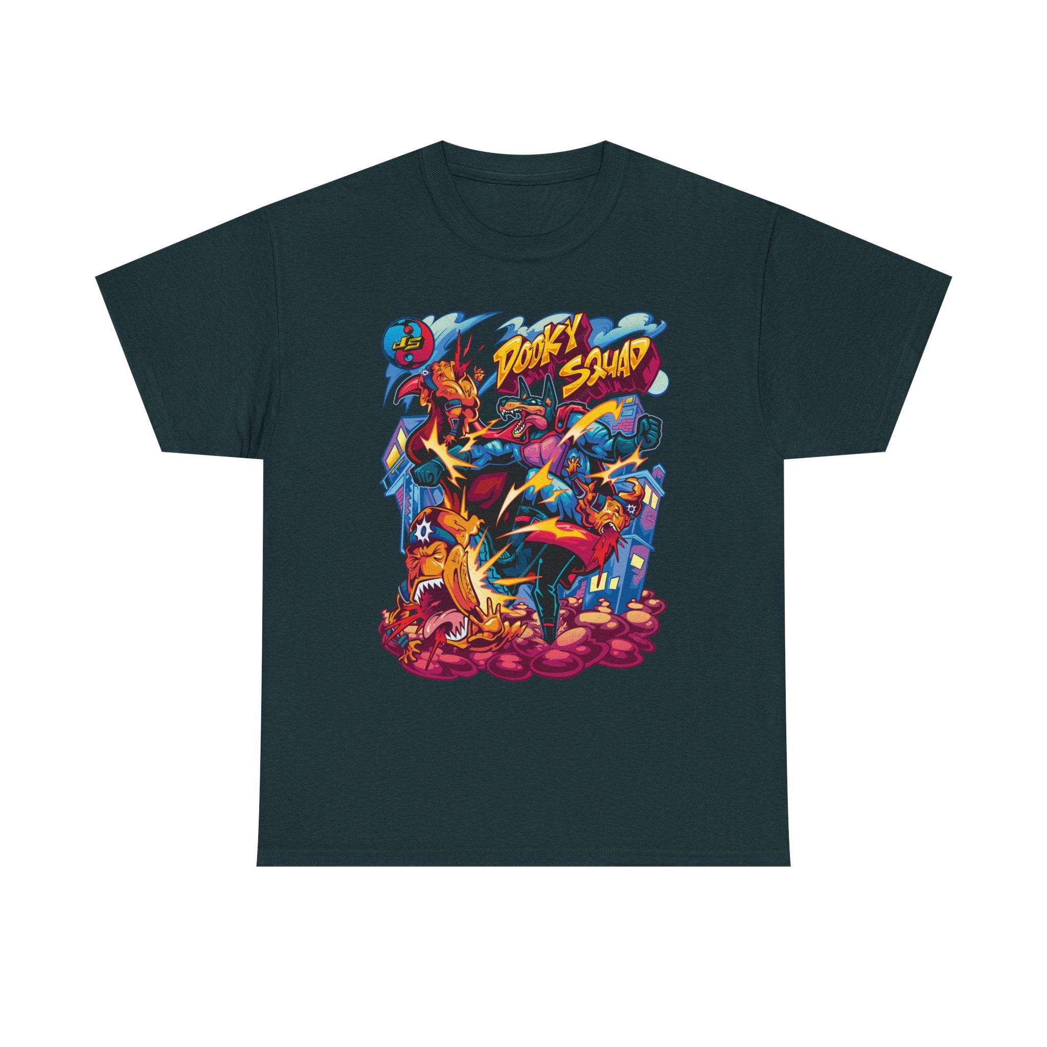 Dooky Squad graffiti characters tee, colorful street-art yin yang back