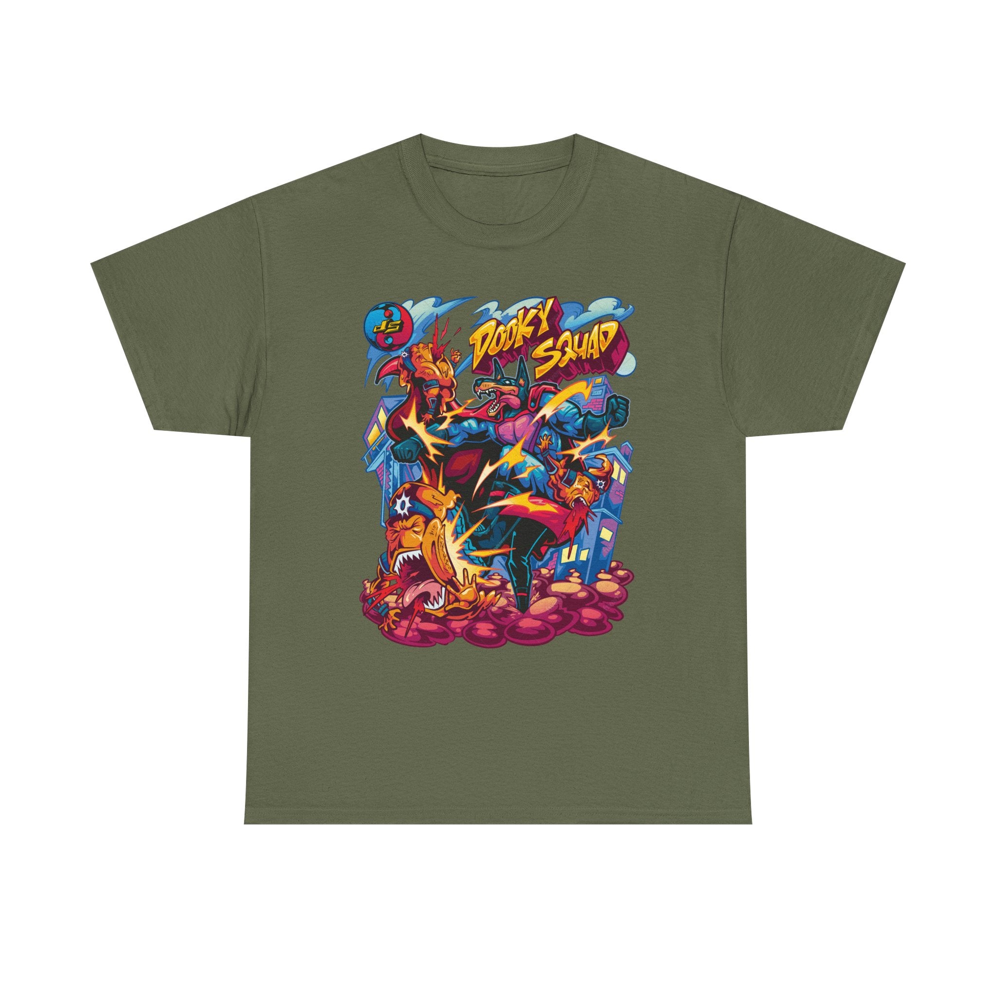 Dooky Squad graffiti characters tee, colorful street-art yin yang back