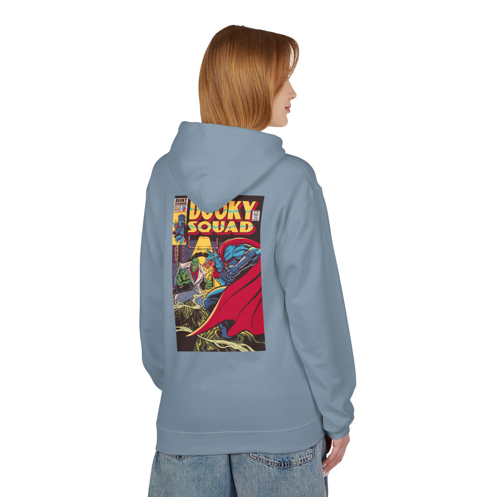 Dooky Squad comic cover hoodie with superhero graphic back print