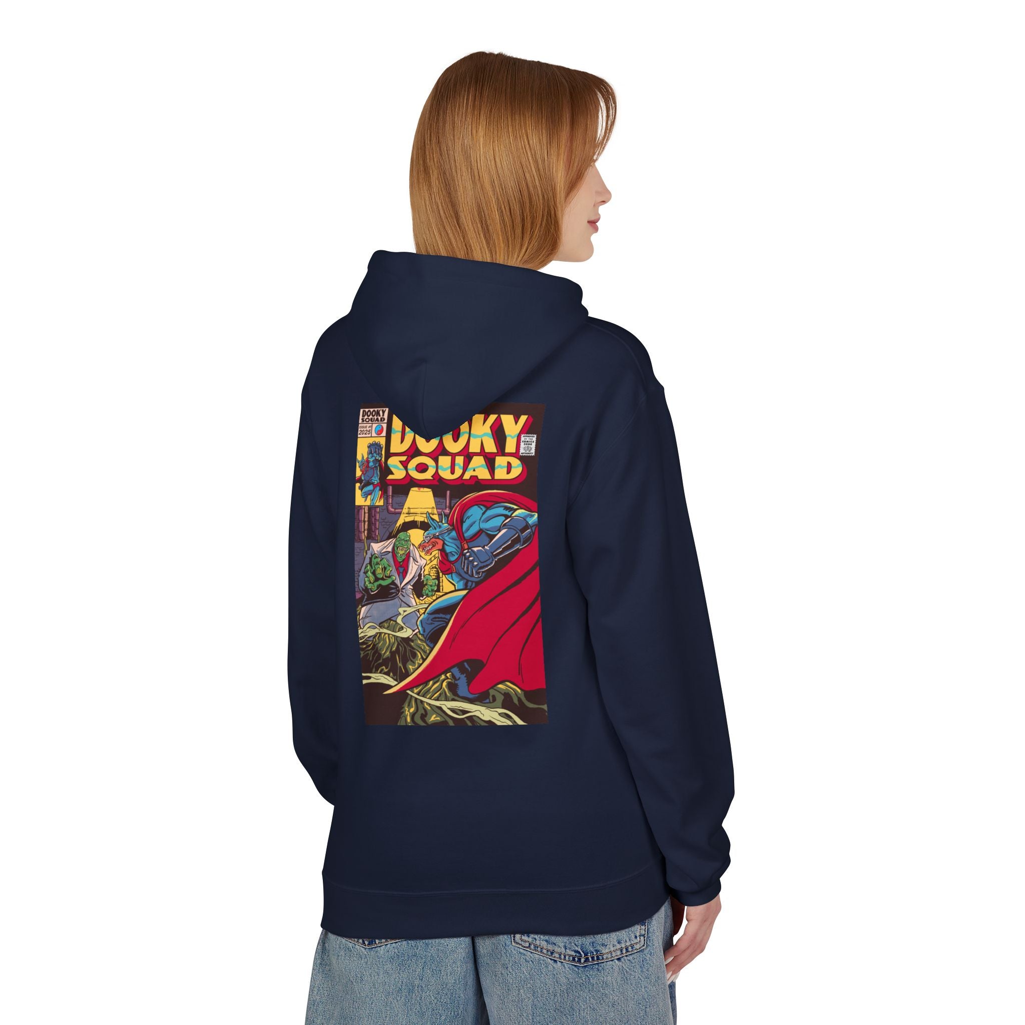 Dooky Squad comic cover hoodie with superhero graphic back print