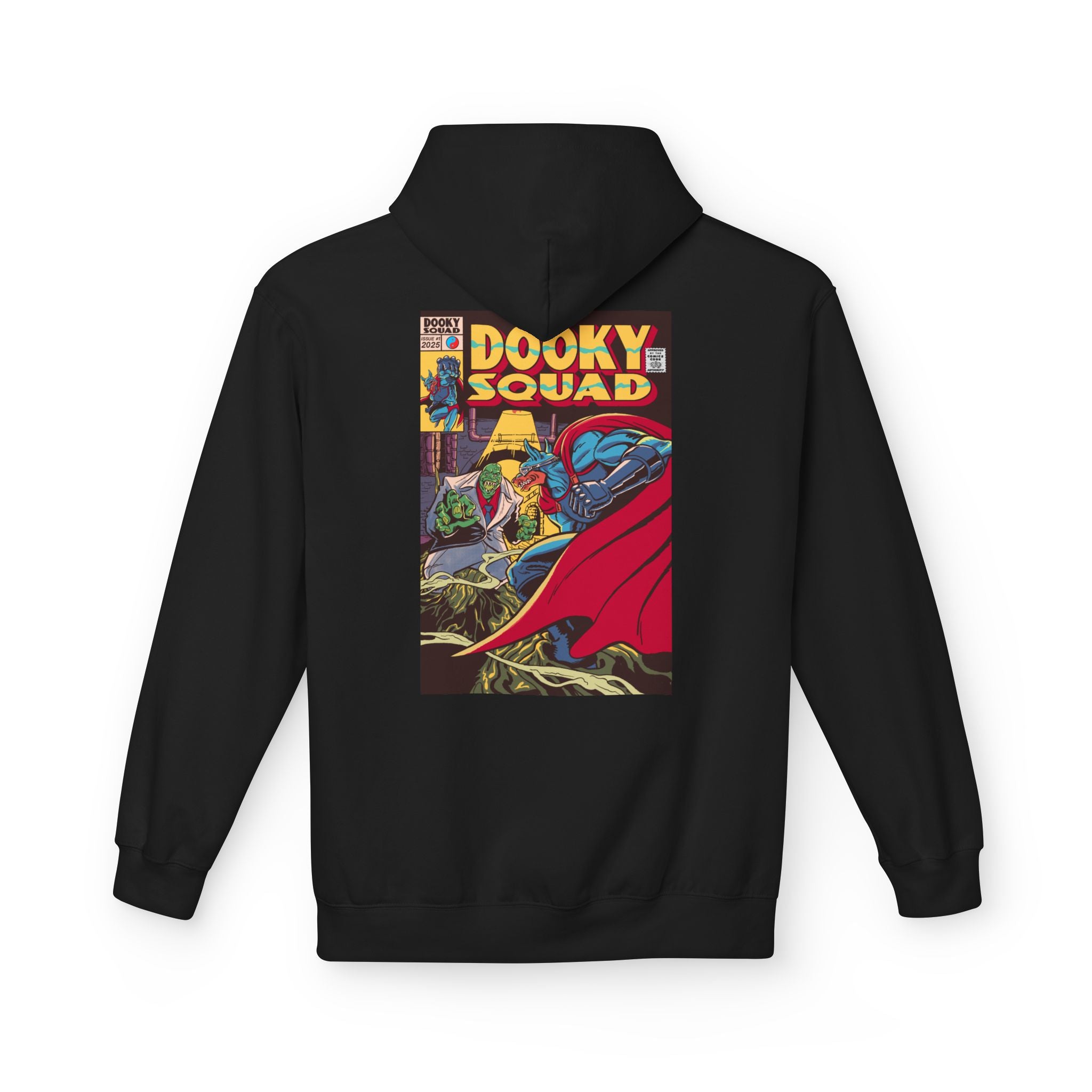 Dooky Squad comic cover hoodie with superhero graphic back print