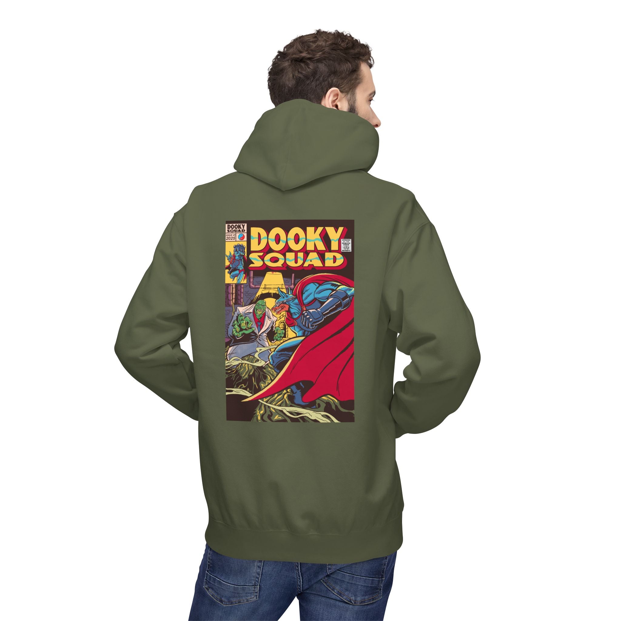 Dooky Squad comic cover hoodie with superhero graphic back print