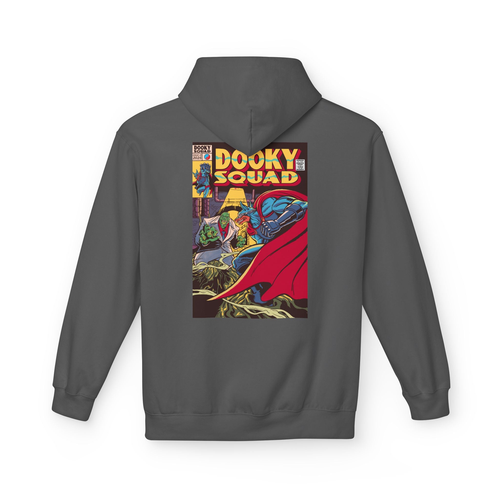 Dooky Squad comic cover hoodie with superhero graphic back print