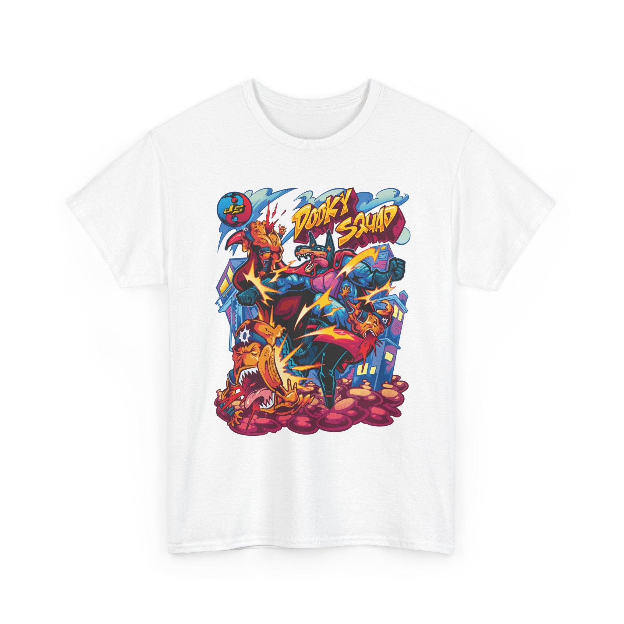 Dooky Squad graffiti characters tee, colorful street-art yin yang back