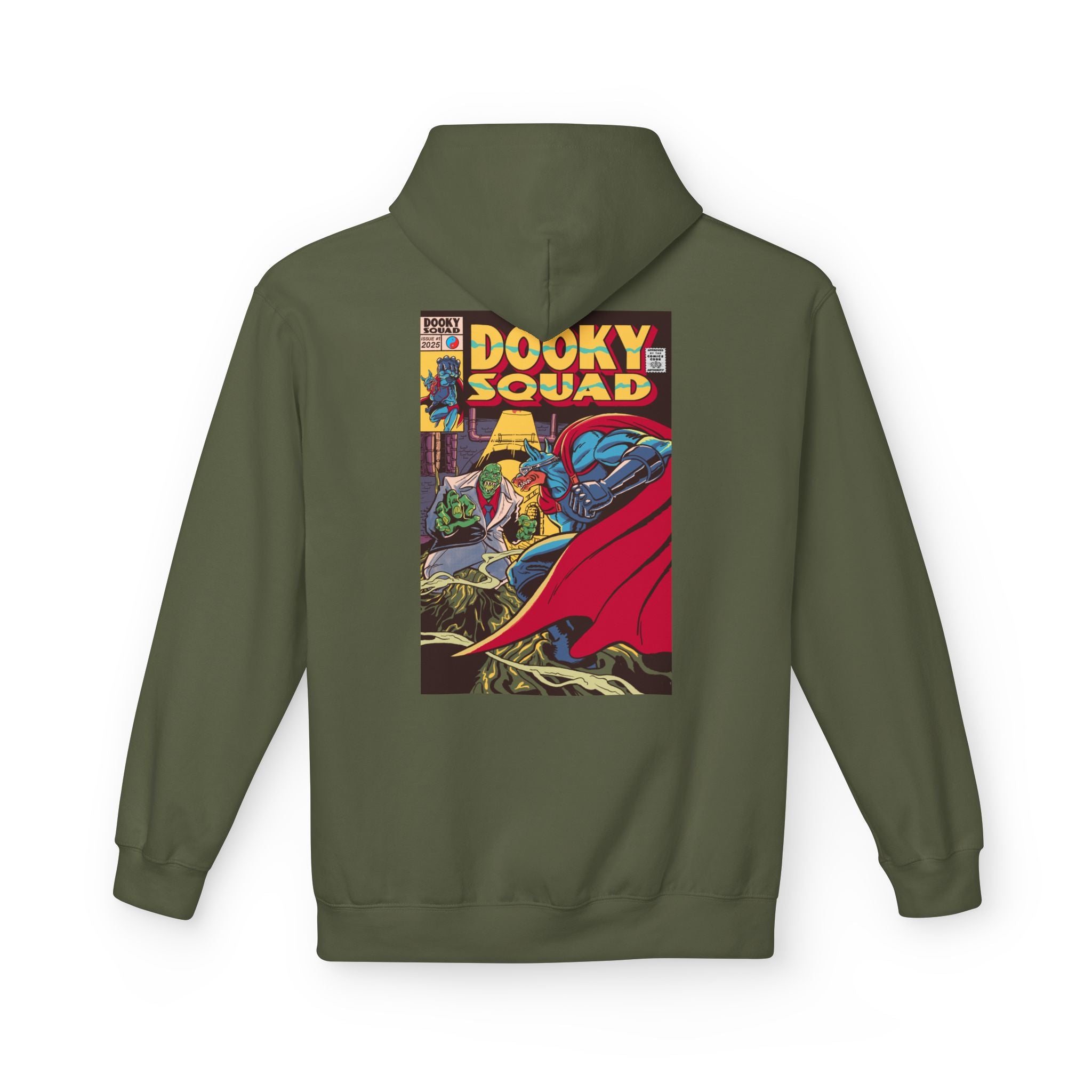 Dooky Squad comic cover hoodie with superhero graphic back print