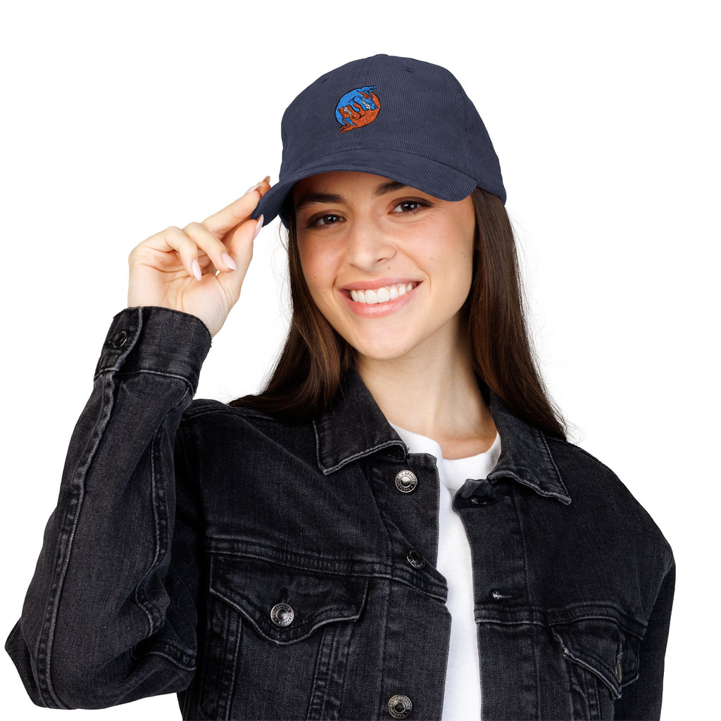 Blue hand holding orange planet embroidered corduroy cap, Dooky Squad