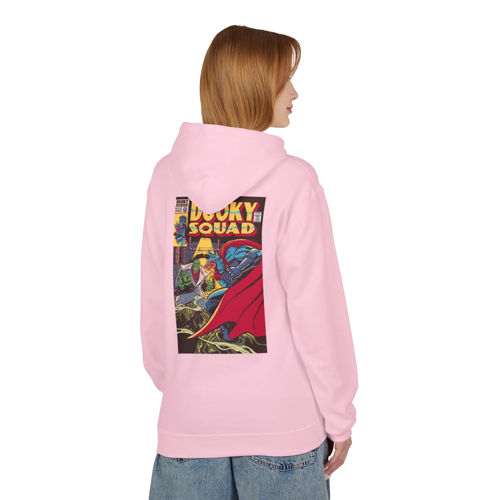 Dooky Squad comic cover hoodie with superhero graphic back print