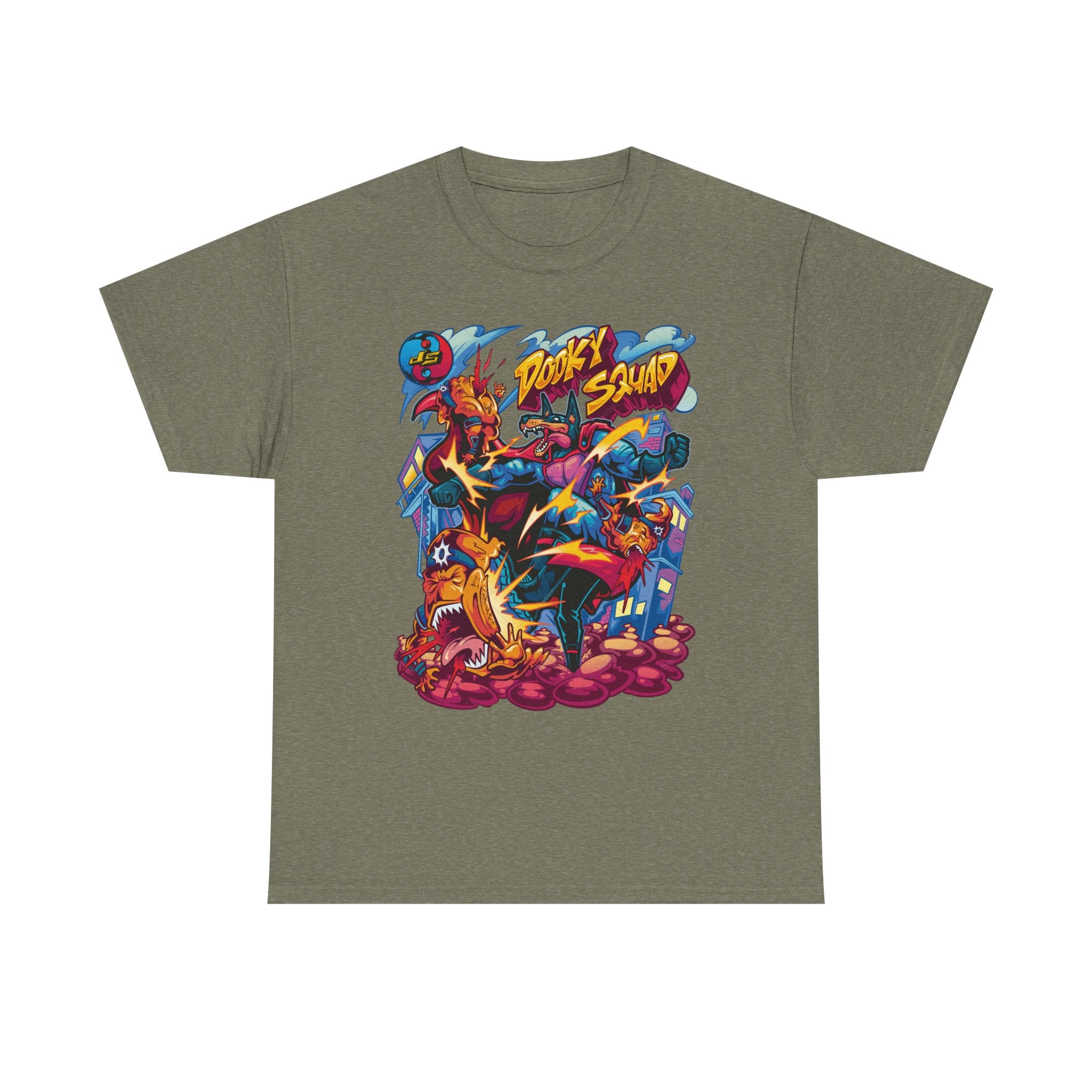 Dooky Squad graffiti characters tee, colorful street-art yin yang back