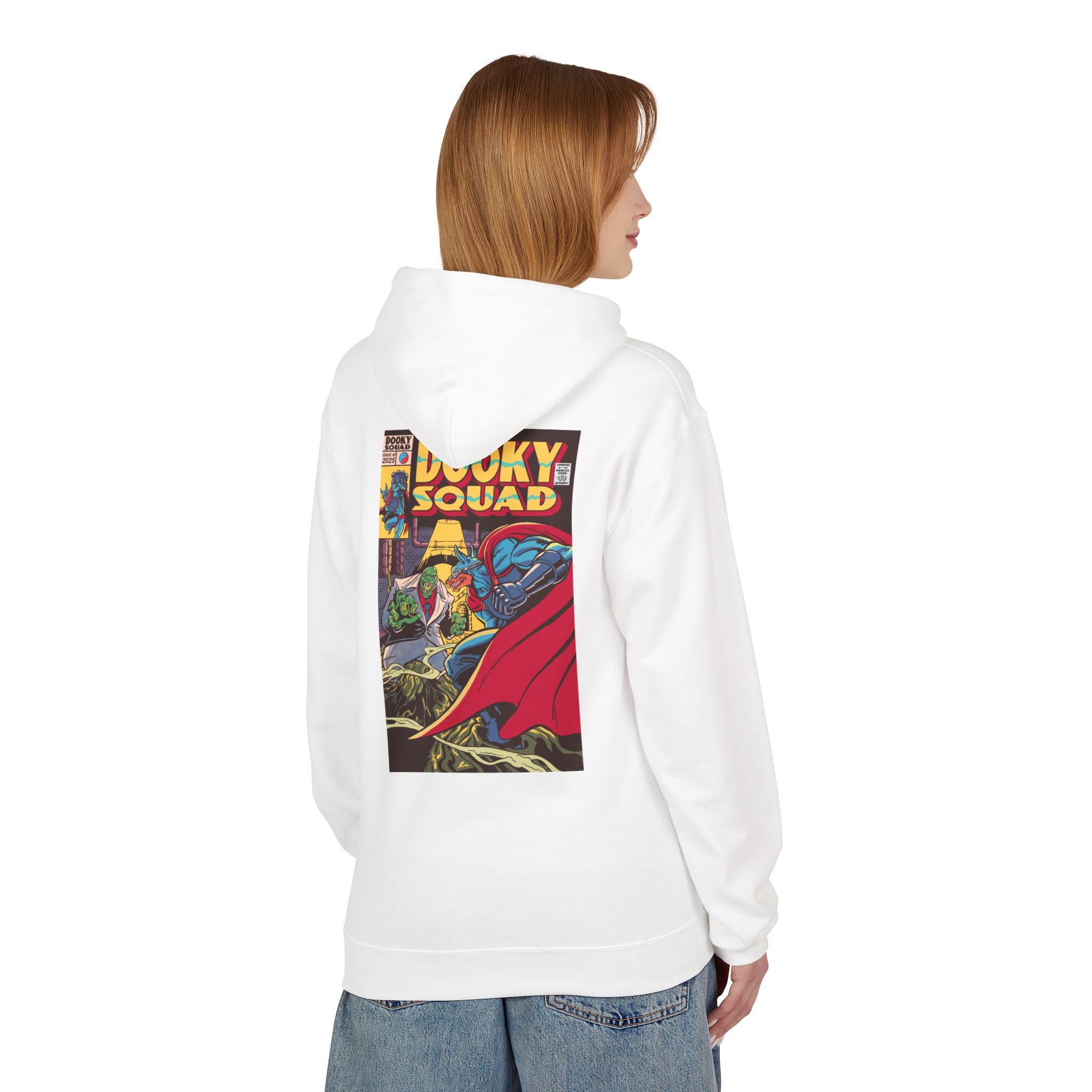 Dooky Squad comic cover hoodie with superhero graphic back print