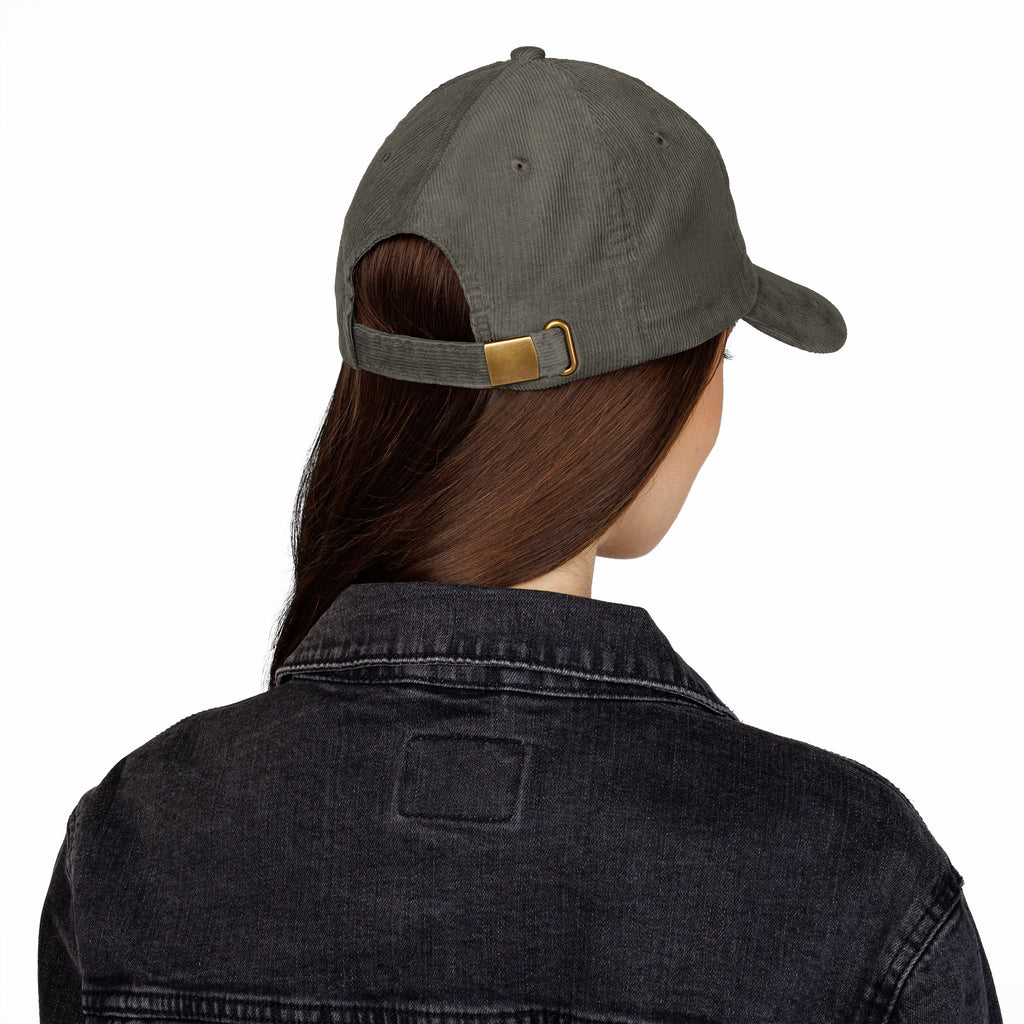 Blue hand holding orange planet embroidered corduroy cap, Dooky Squad