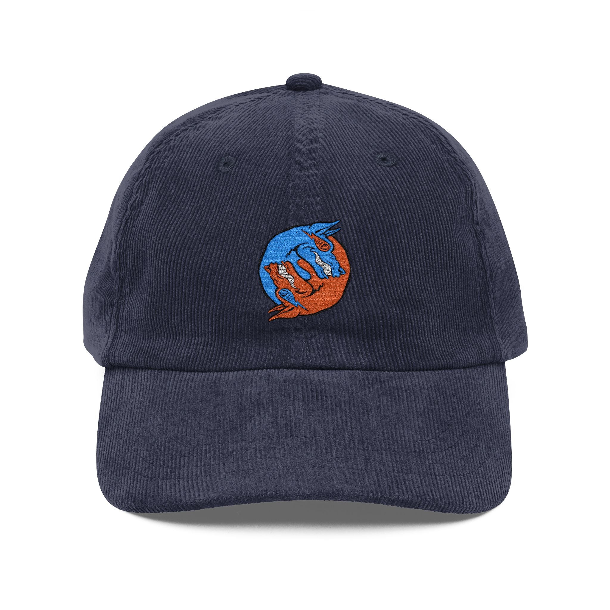 Blue hand holding orange planet embroidered corduroy cap, Dooky Squad