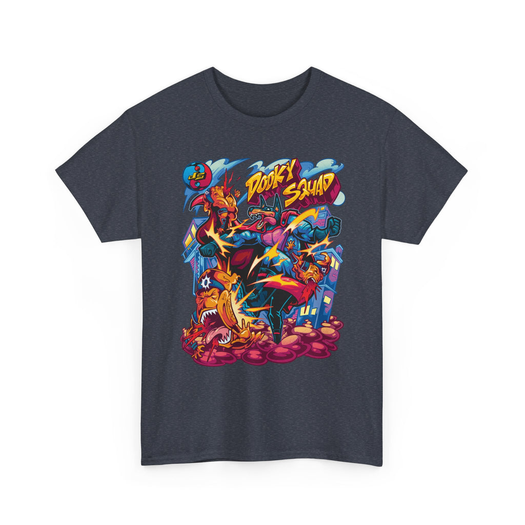 Dooky Squad graffiti characters tee, colorful street-art yin yang back