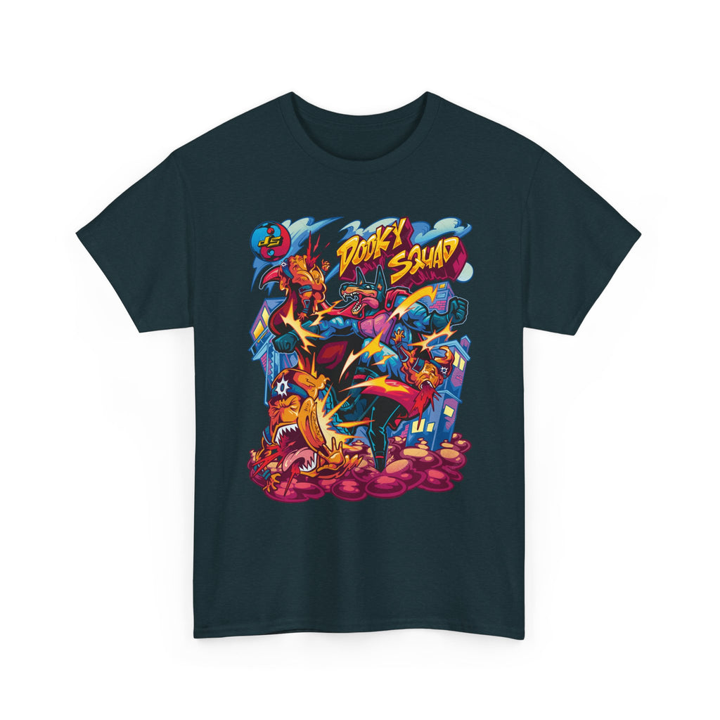 Dooky Squad graffiti characters tee, colorful street-art yin yang back