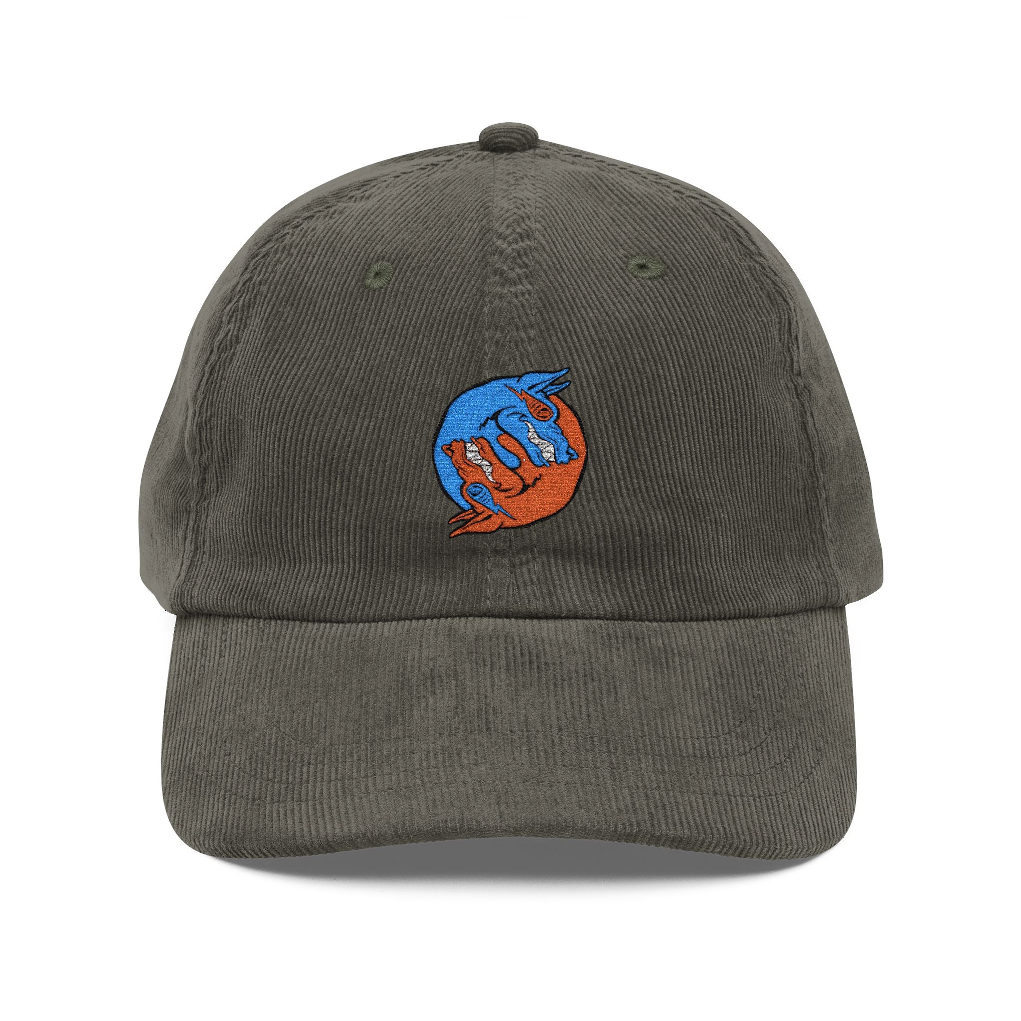 Blue hand holding orange planet embroidered corduroy cap, Dooky Squad