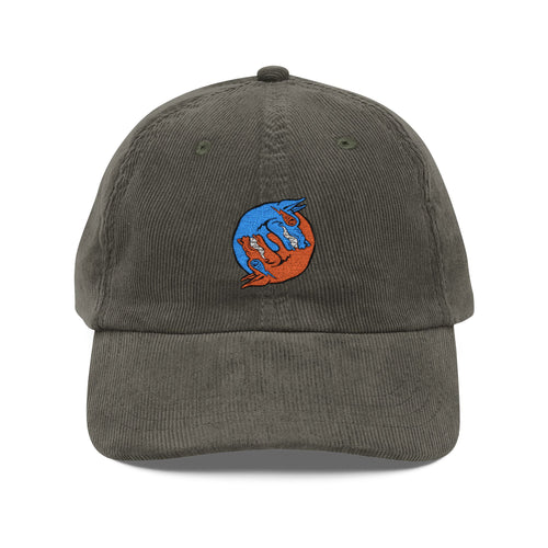 Blue hand holding orange planet embroidered corduroy cap, Dooky Squad