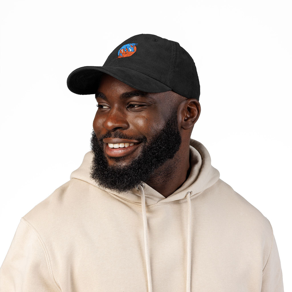 Blue hand holding orange planet embroidered corduroy cap, Dooky Squad
