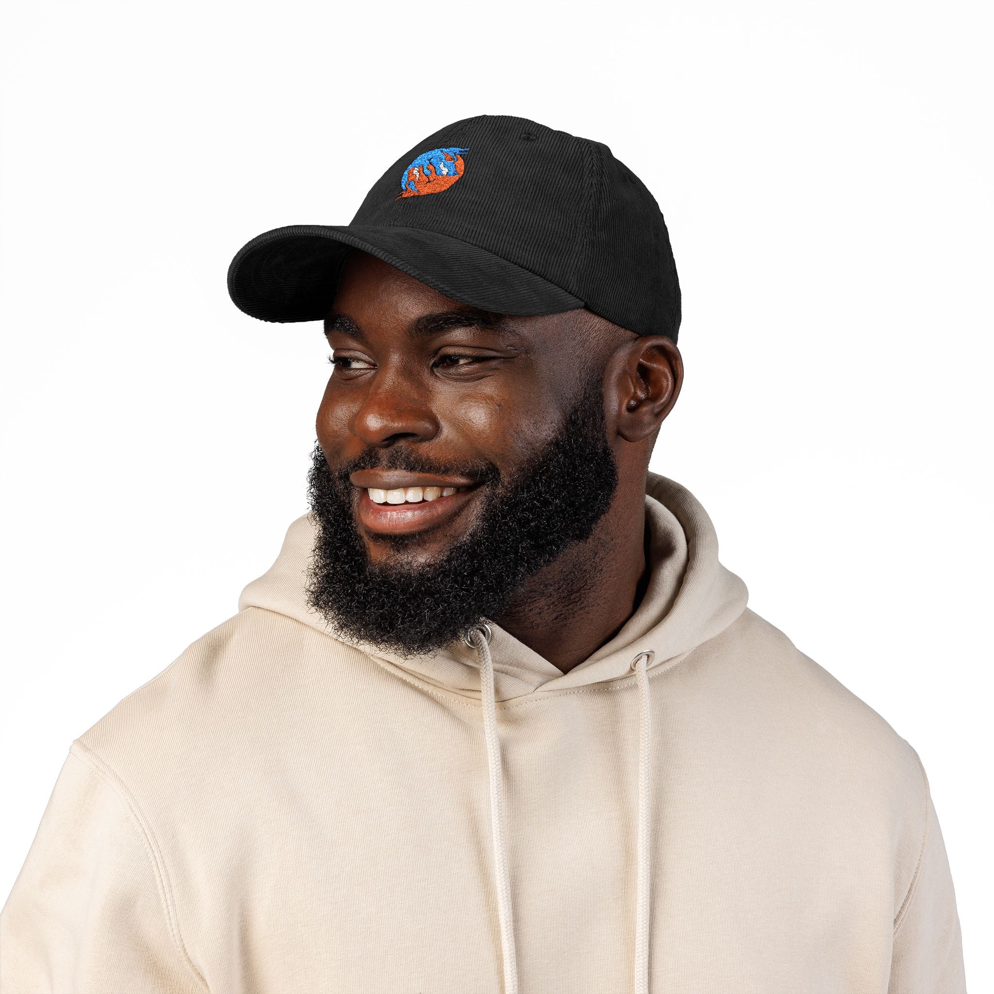 Blue hand holding orange planet embroidered corduroy cap, Dooky Squad
