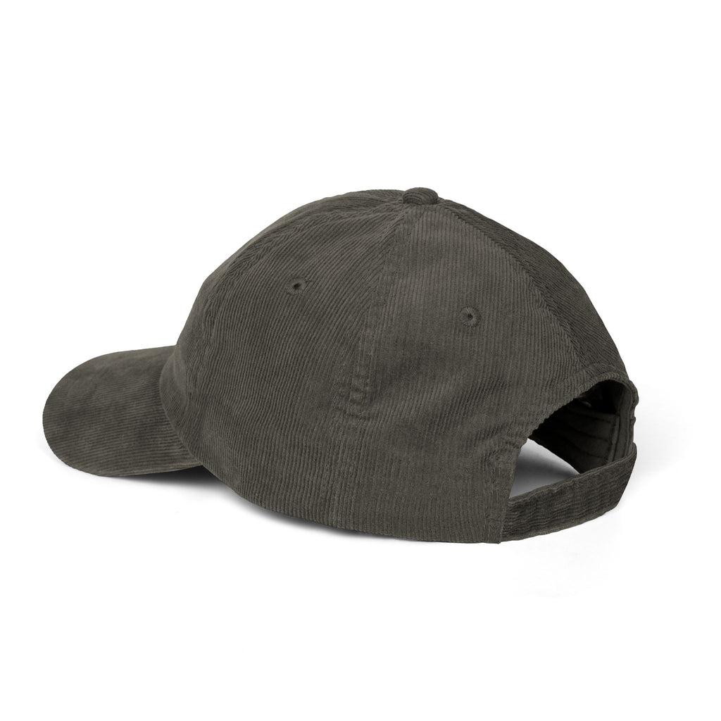 Blue hand holding orange planet embroidered corduroy cap, Dooky Squad