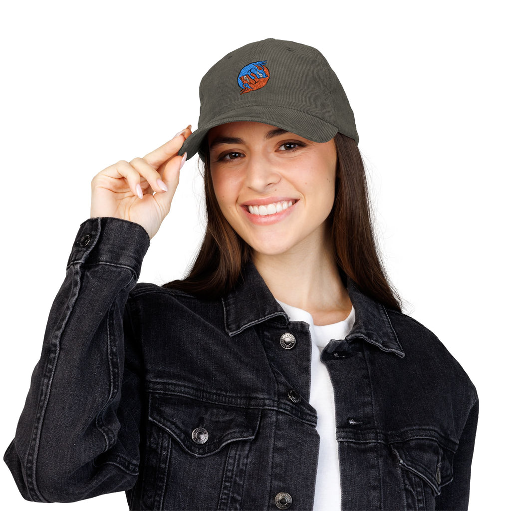 Blue hand holding orange planet embroidered corduroy cap, Dooky Squad