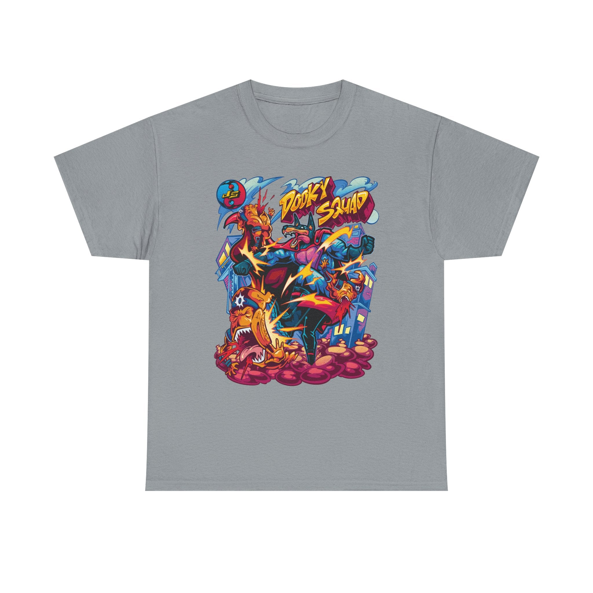 Dooky Squad graffiti characters tee, colorful street-art yin yang back
