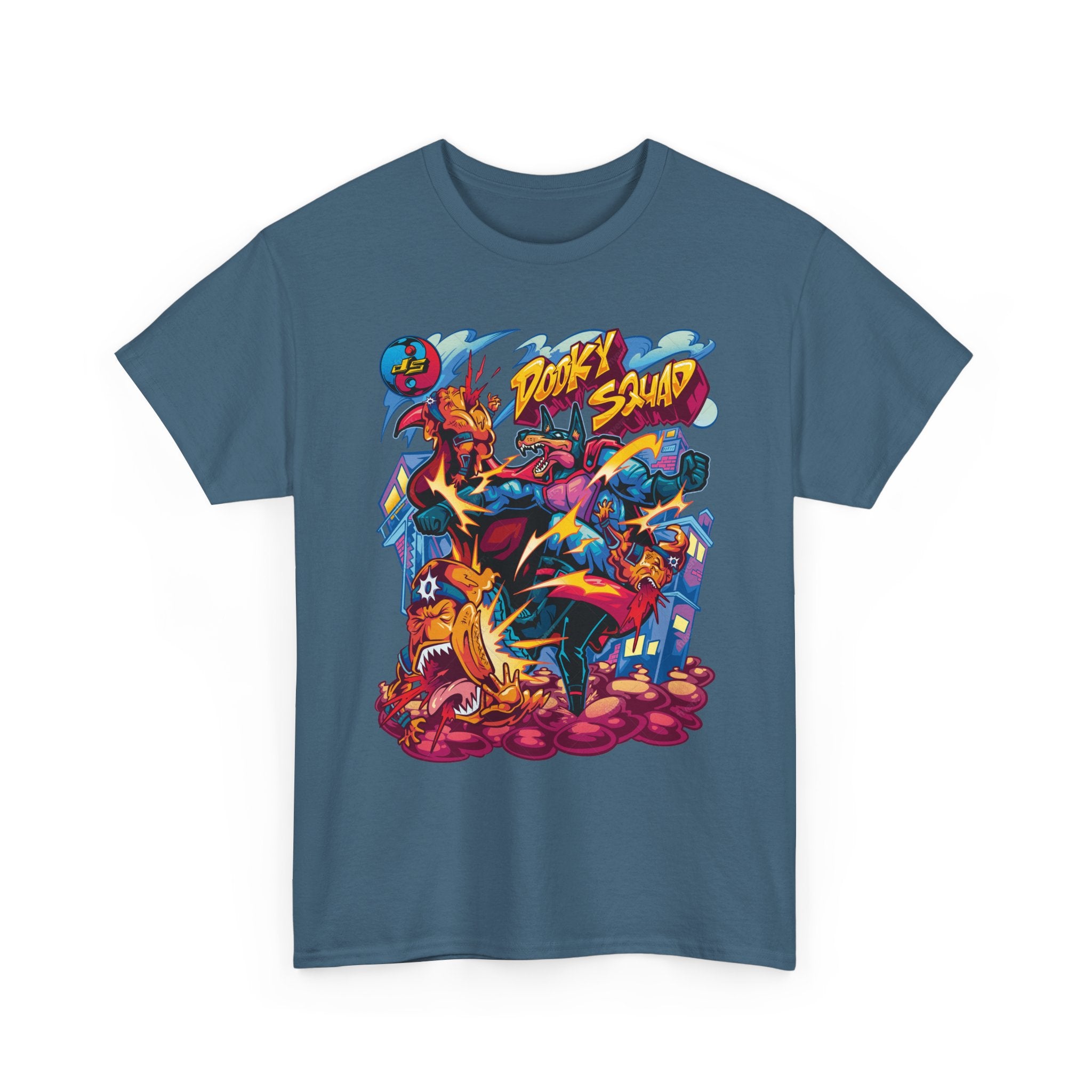 Dooky Squad graffiti characters tee, colorful street-art yin yang back