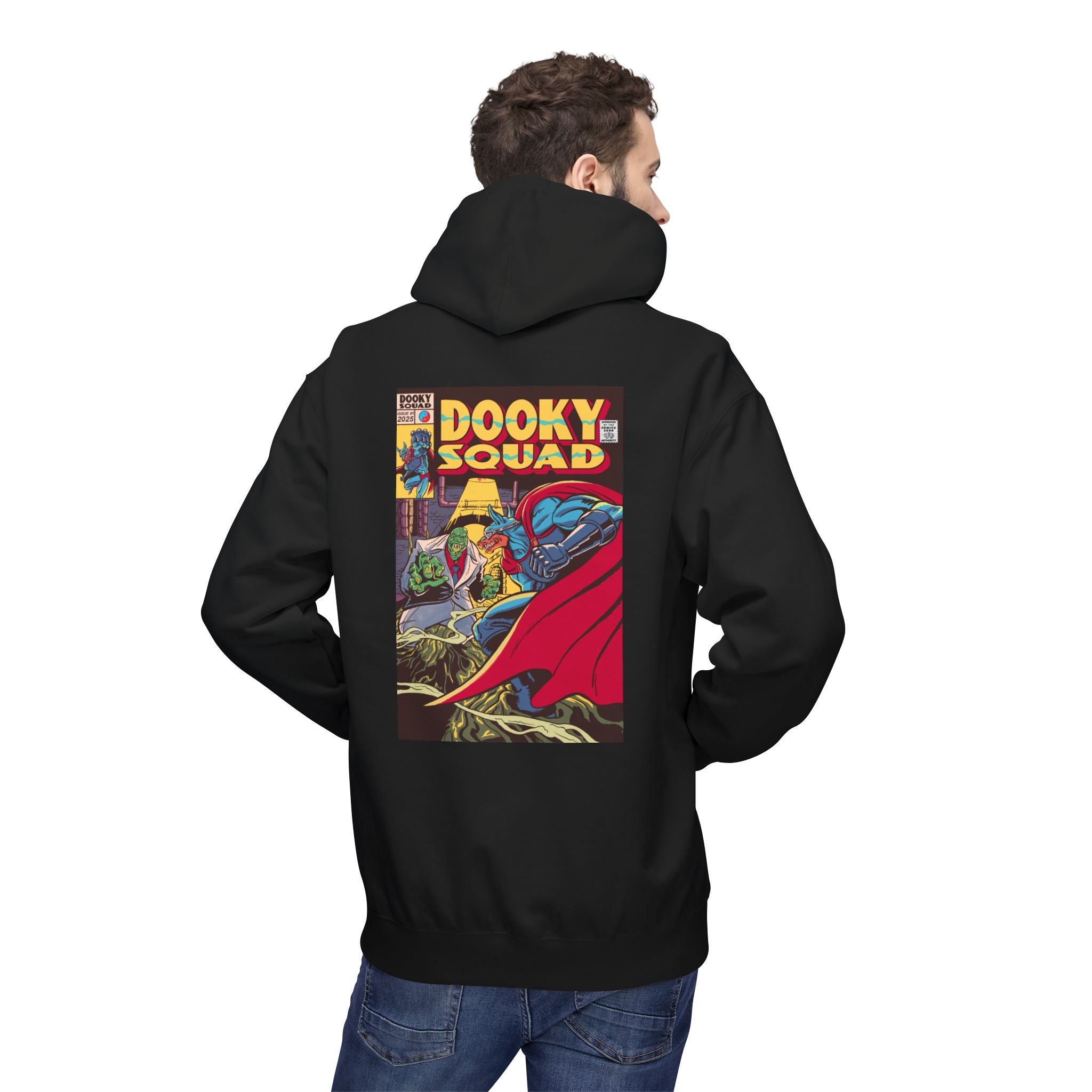 Dooky Squad comic cover hoodie with superhero graphic back print