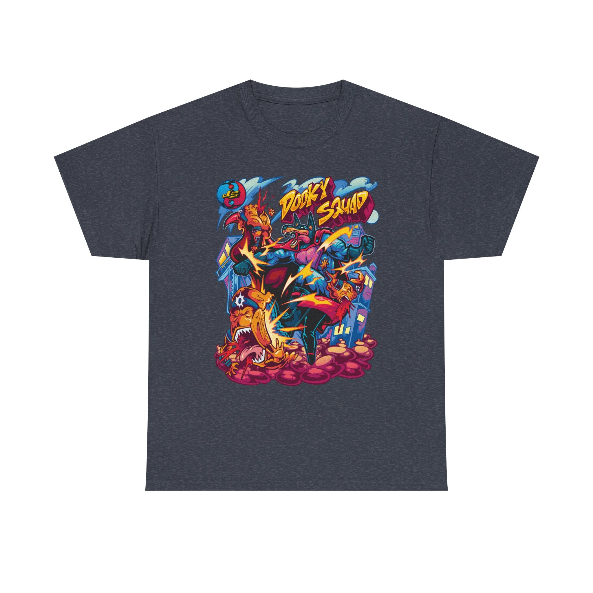 Dooky Squad graffiti characters tee, colorful street-art yin yang back
