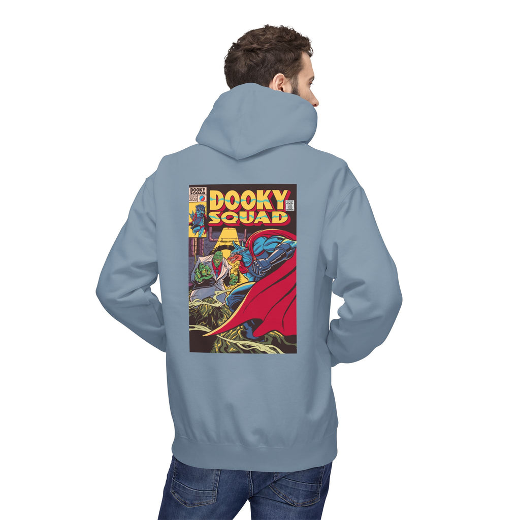 Dooky Squad comic cover hoodie with superhero graphic back print