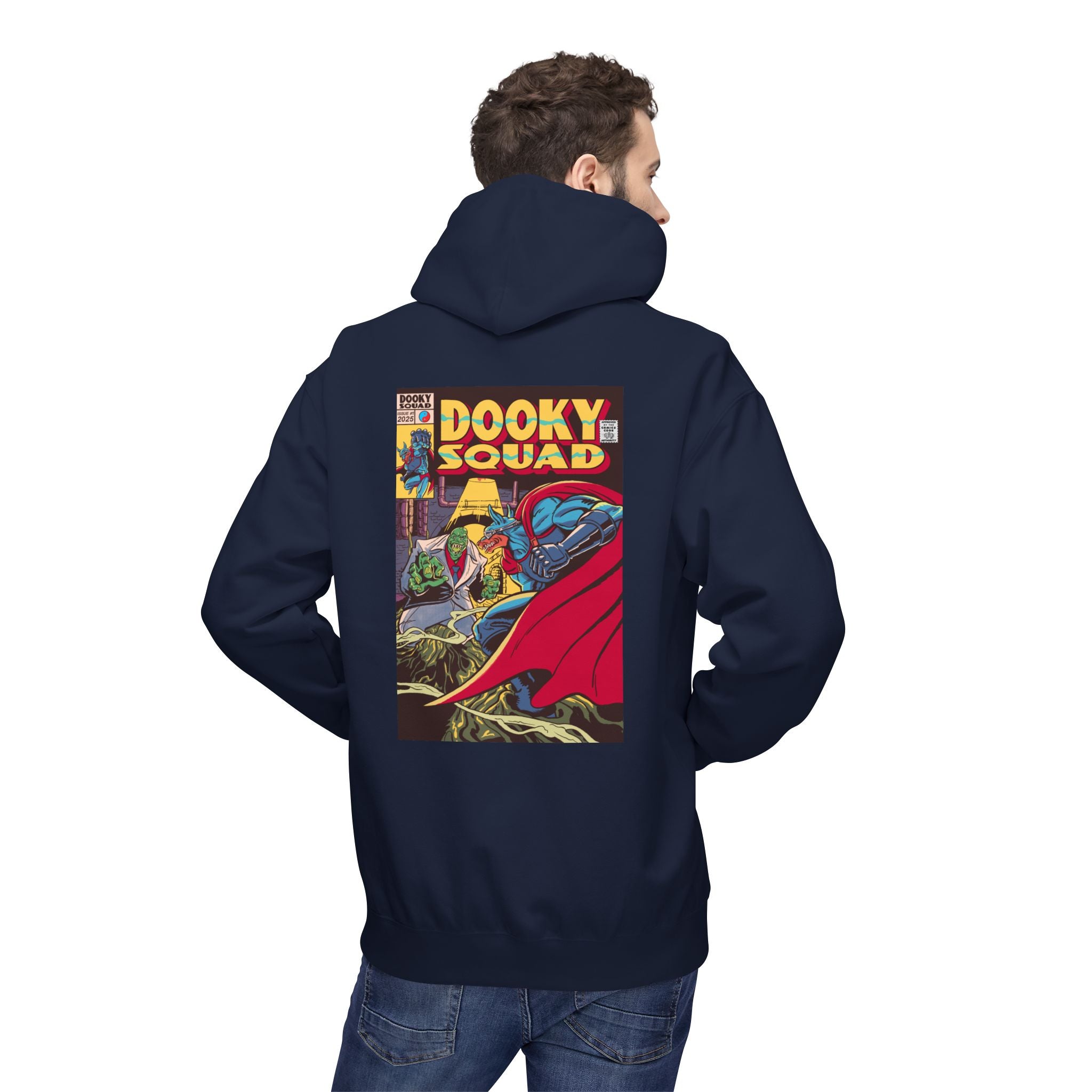 Dooky Squad comic cover hoodie with superhero graphic back print