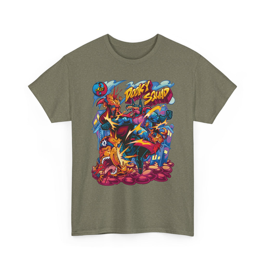 Dooky Squad graffiti characters tee, colorful street-art yin yang back