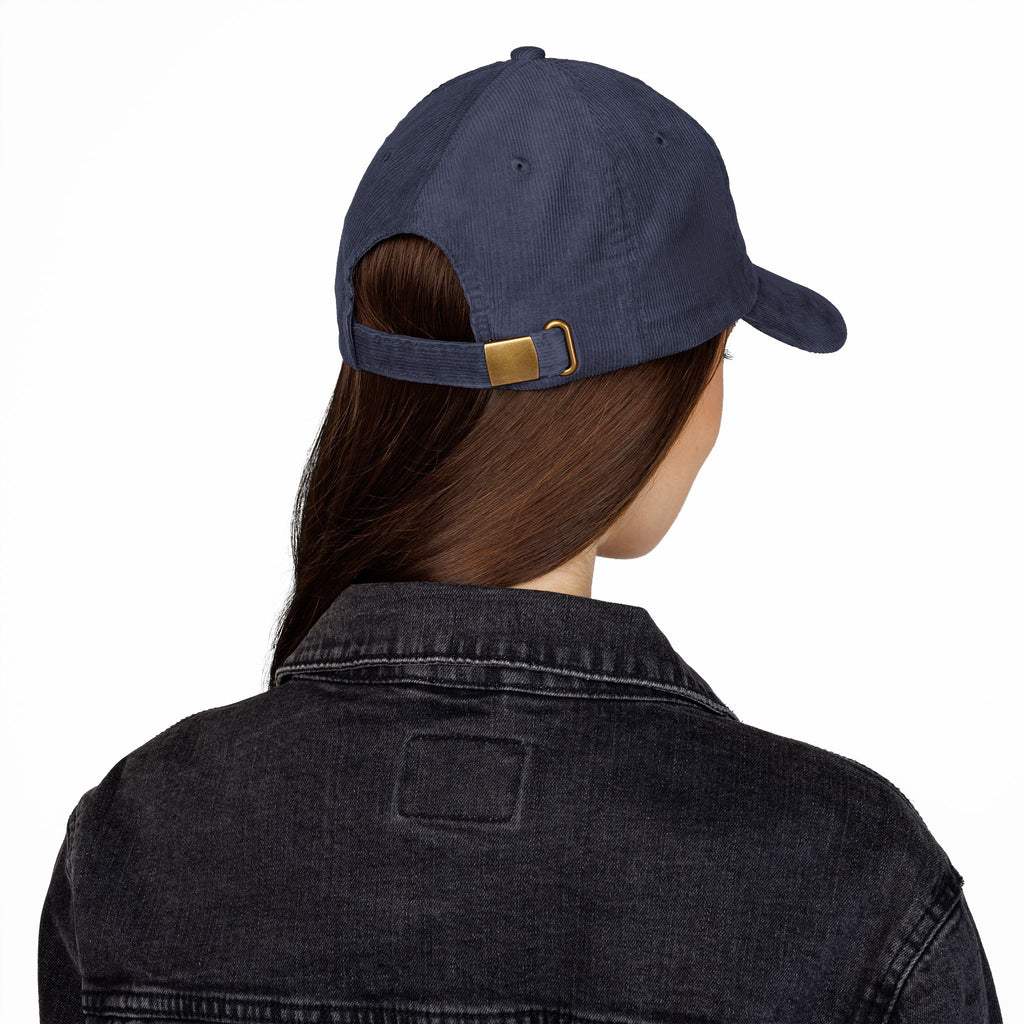 Blue hand holding orange planet embroidered corduroy cap, Dooky Squad