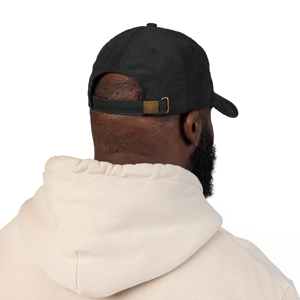 Blue hand holding orange planet embroidered corduroy cap, Dooky Squad