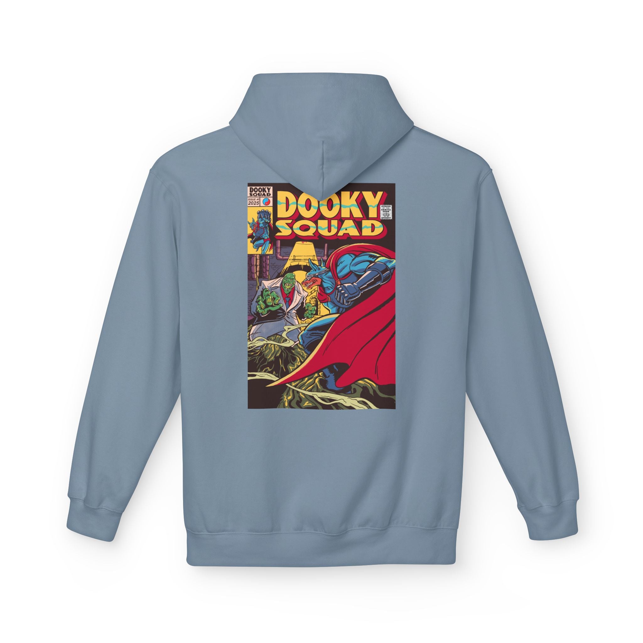 Dooky Squad comic cover hoodie with superhero graphic back print